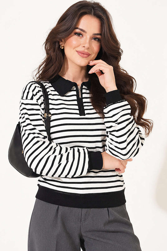 Yarım Yaka Fermuarlı Çizgili Sweatshirt Siyah