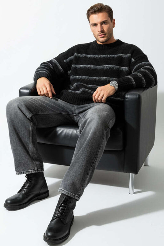 Bed Striped Fluffy Knit Men's Sweater Black