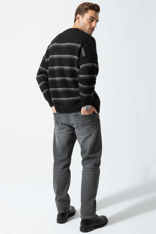 Bed Striped Fluffy Knit Men's Sweater Black