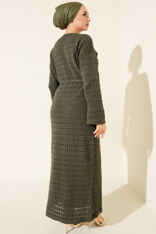 Horizontal Openwork Knit Dress with Rope Belt, Khaki