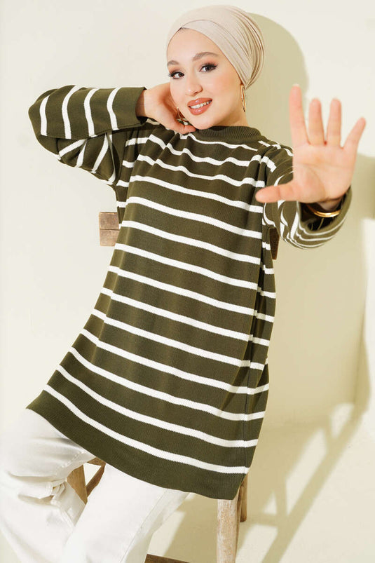 Yatay Çizgi Detaylı Basic Triko Tunik Haki