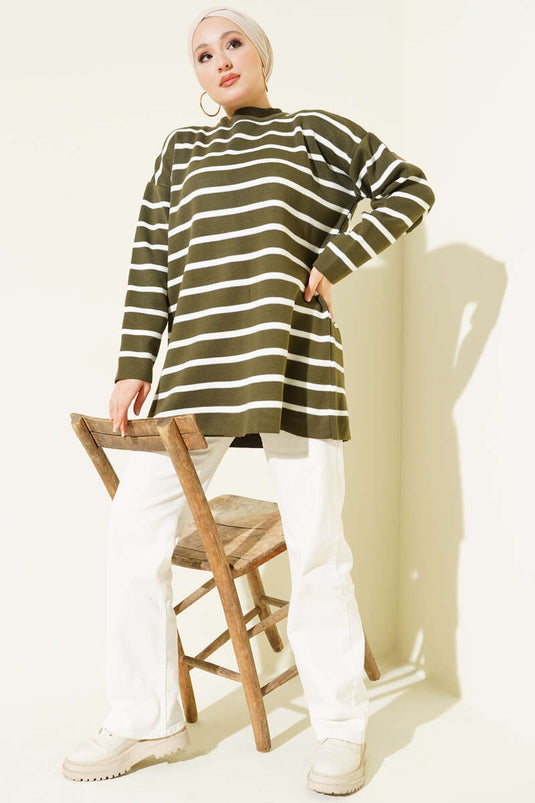Yatay Çizgi Detaylı Basic Triko Tunik Haki