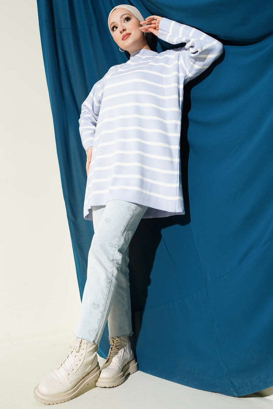 تونيك صوفي أساسي بتفاصيل خطوط أفقية لون بنفسجي