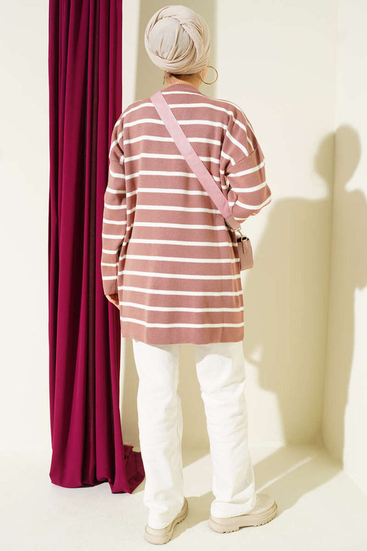 Yatay Çizgi Detaylı Basic Triko Tunik Pudra