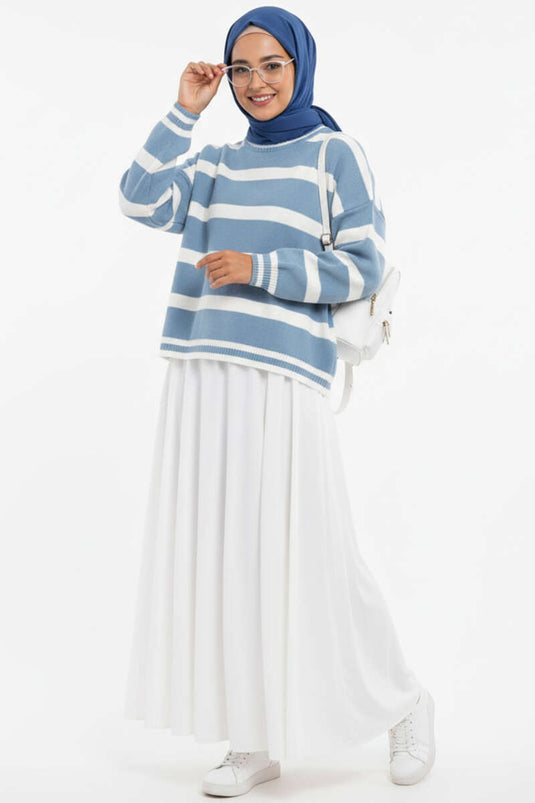 Horizontal Stripe Detail Short Knitted Sweater Baby Blue