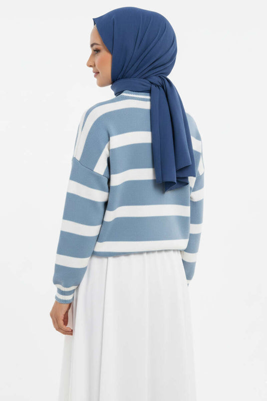 Horizontal Stripe Detail Short Knitted Sweater Baby Blue