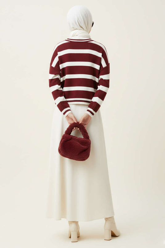 Yatay Çizgi Detaylı Kısa Triko Kazak Bordo