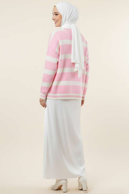 Yatay Çizgi Detaylı Kısa Triko Kazak Pembe