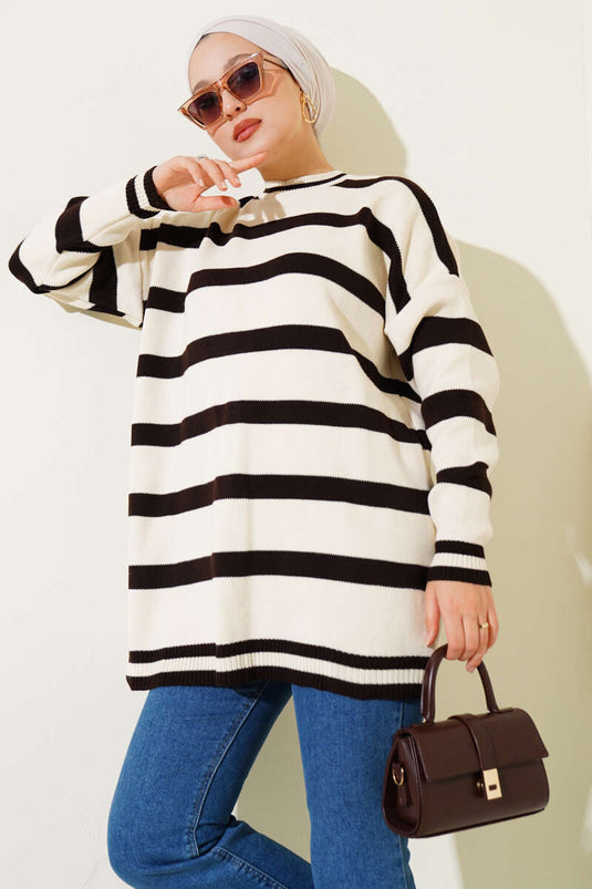 Yatay Çizgi Detaylı Triko Tunik Bej Kahve