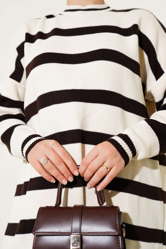 Yatay Çizgi Detaylı Triko Tunik Bej Kahve