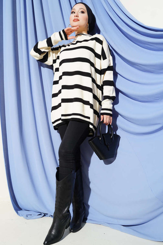 Horizontal Stripe Detail Knitted Tunic, Beige