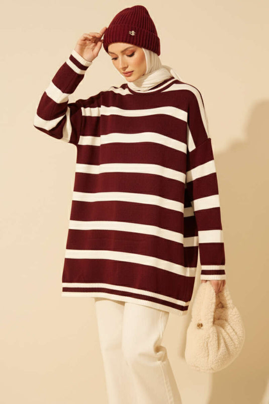 تونيك محبوك بتفاصيل خطوط أفقية، لون عنابي