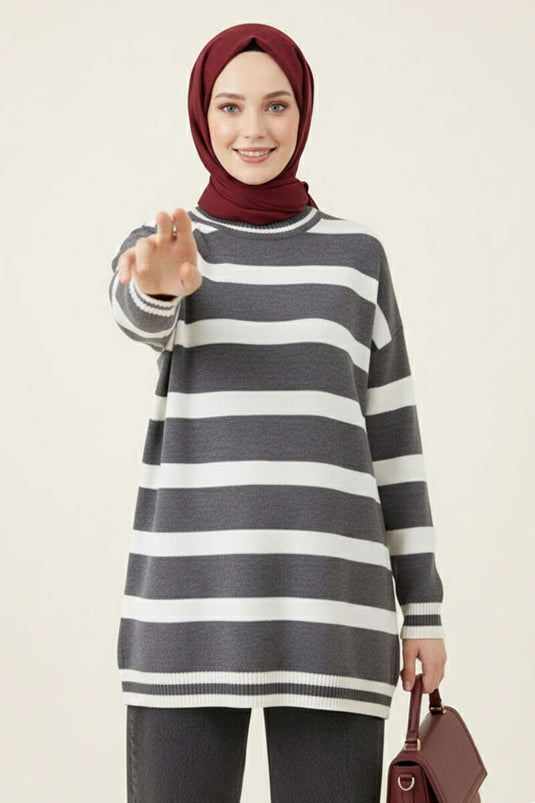 Yatay Çizgi Detaylı Triko Tunik Füme