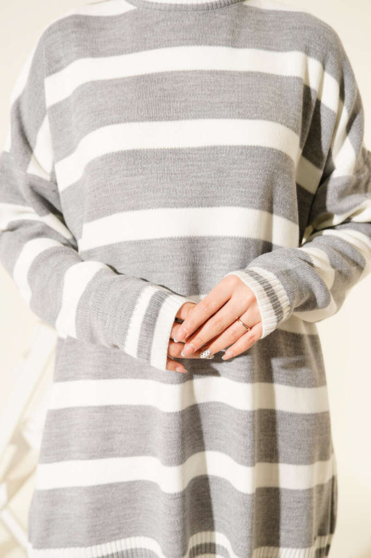 Gray Knitted Tunic with Horizontal Stripe Detail