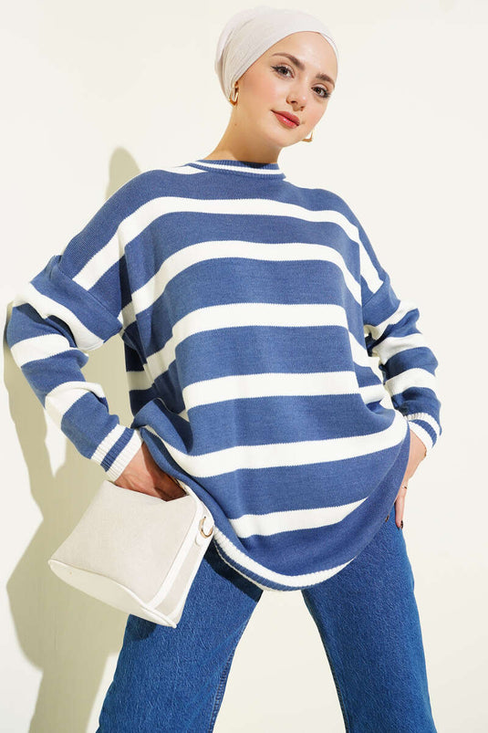 Horizontal Stripe Detail Knitted Tunic Indigo