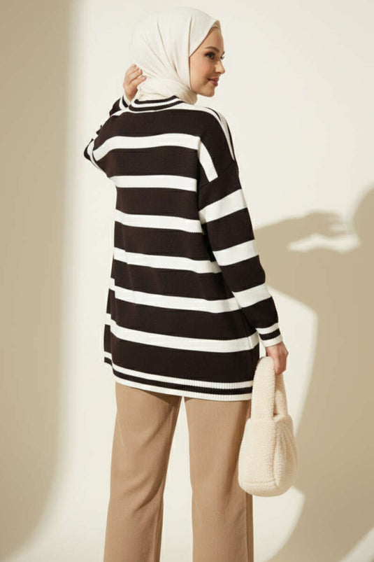 Yatay Çizgi Detaylı Triko Tunik Kahve