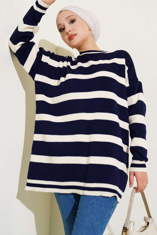 Yatay Çizgi Detaylı Triko Tunik Lacivert