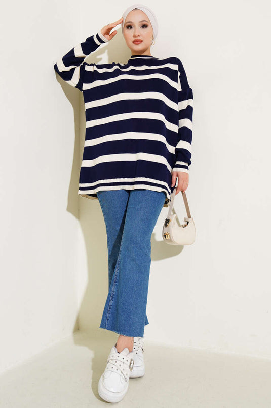 Navy Blue Knitted Tunic with Horizontal Stripe Detail