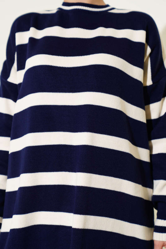 Yatay Çizgi Detaylı Triko Tunik Lacivert