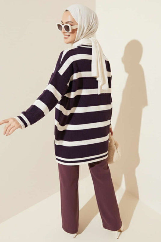 Yatay Çizgi Detaylı Triko Tunik Mor