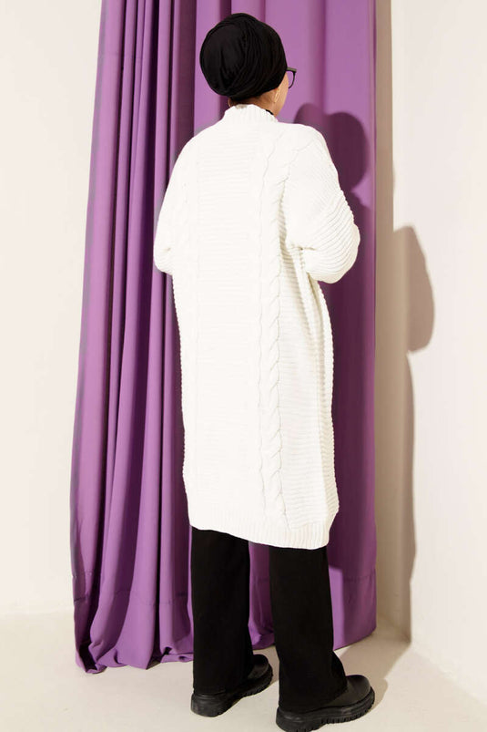 Yatay Çizgi Kabartmalı Triko Hırka Ekru