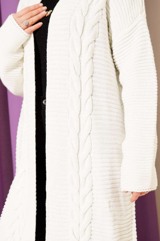 Yatay Çizgi Kabartmalı Triko Hırka Ekru