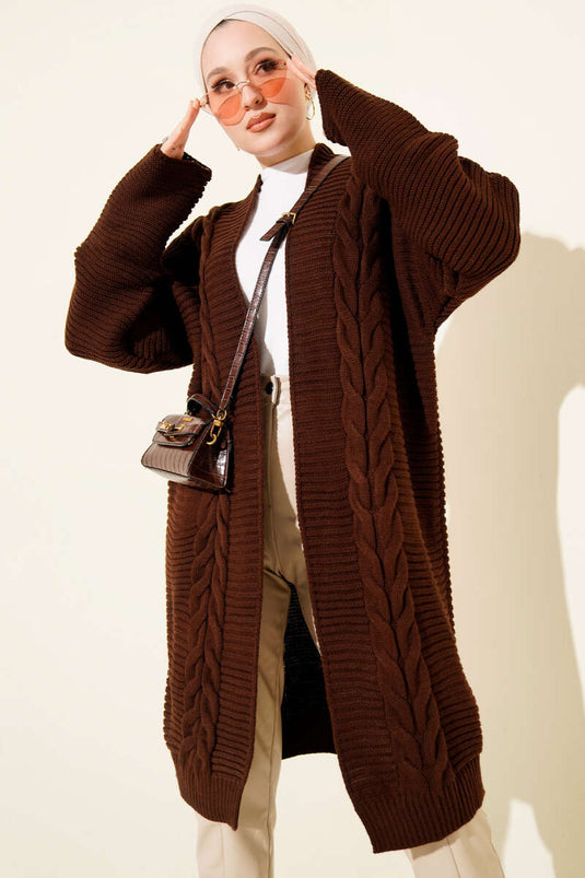 Yatay Çizgi Kabartmalı Triko Hırka Kahve