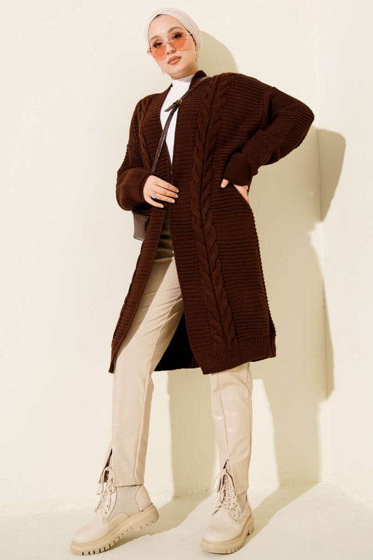 Yatay Çizgi Kabartmalı Triko Hırka Kahve