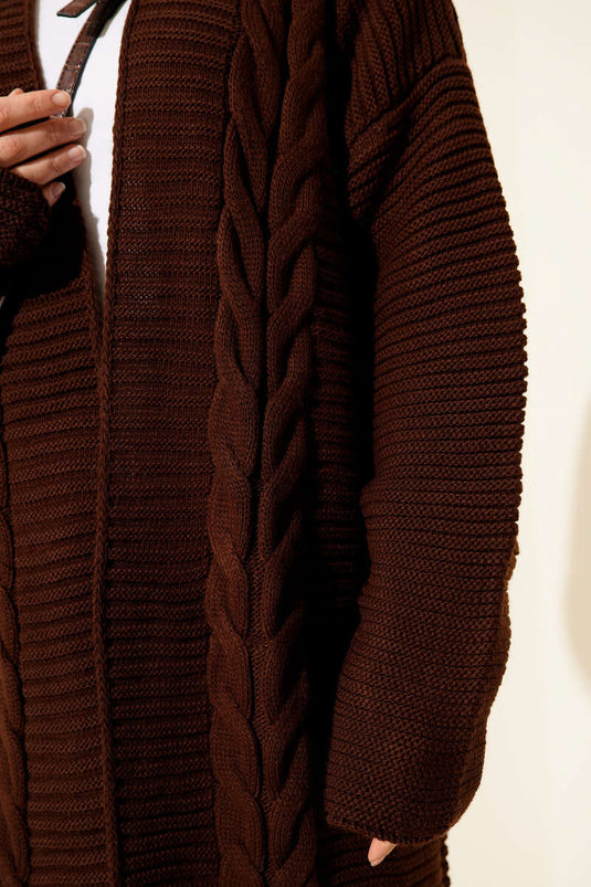 Yatay Çizgi Kabartmalı Triko Hırka Kahve