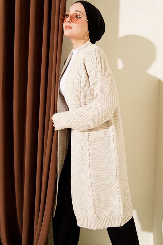 Yatay Çizgi Kabartmalı Triko Hırka Taş