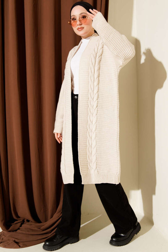 Yatay Çizgi Kabartmalı Triko Hırka Taş