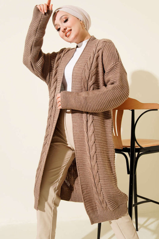 Yatay Çizgi Kabartmalı Triko Hırka Vizon