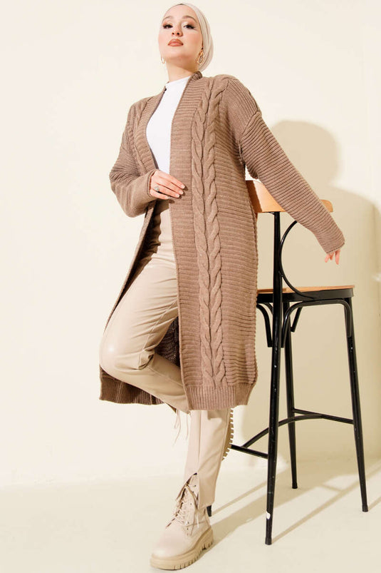 Yatay Çizgi Kabartmalı Triko Hırka Vizon