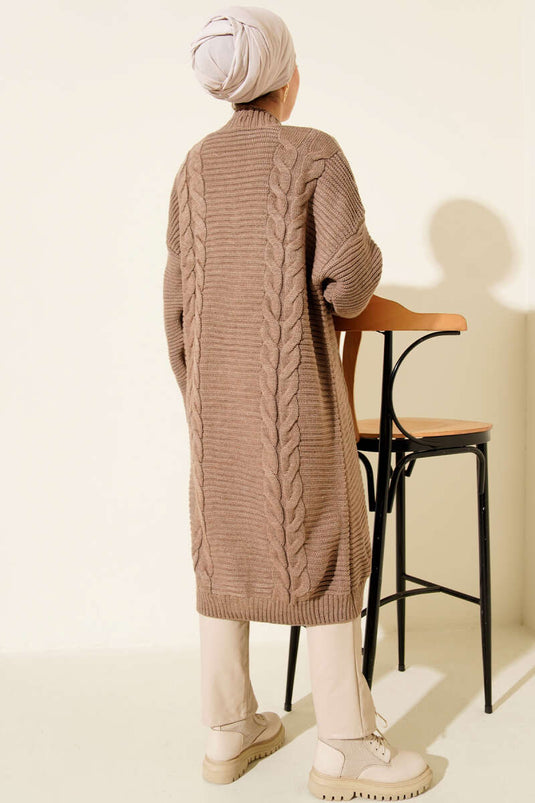 Yatay Çizgi Kabartmalı Triko Hırka Vizon