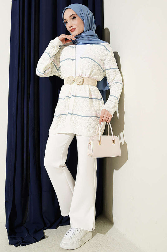 Cardigan lavorato a maglia traforato a righe orizzontali color ecru