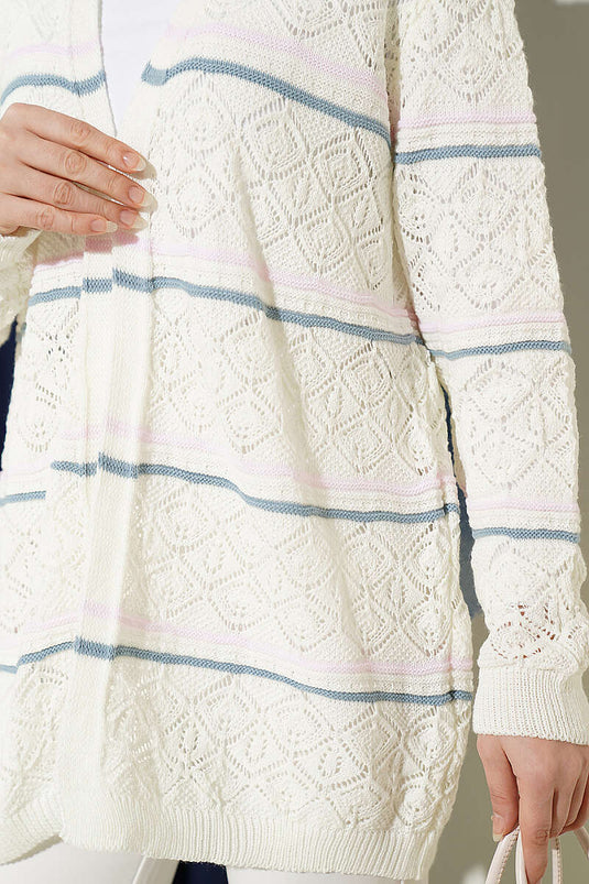 Cardigan lavorato a maglia traforato a righe orizzontali color ecru