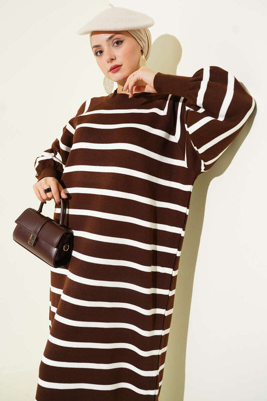 Robe basique en maille à rayures horizontales, marron