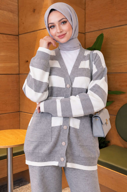 Gestreiftes Strick-2-Teile-Set In Grau