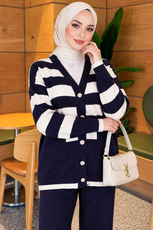 Blaue Gestreifte Strick-Set Mit Taschen