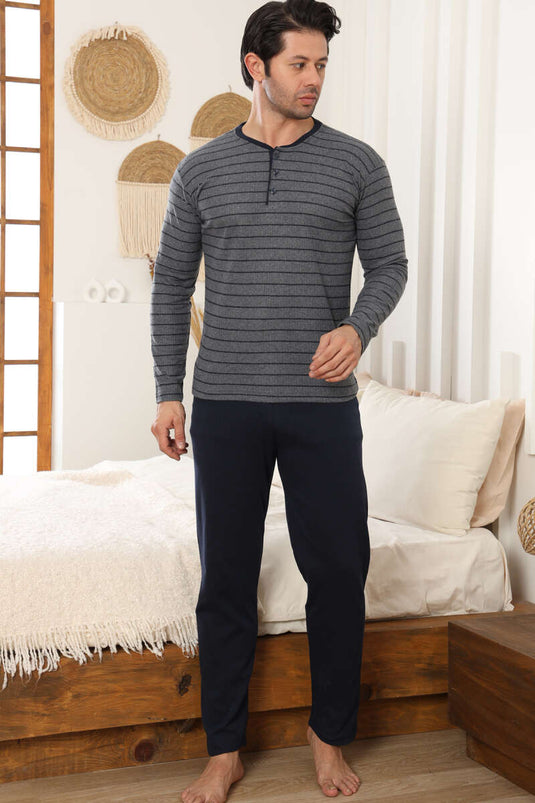 طقم بيجاما رجالي بخطوط أفقية وتفاصيل أزرار، رمادي داكن
