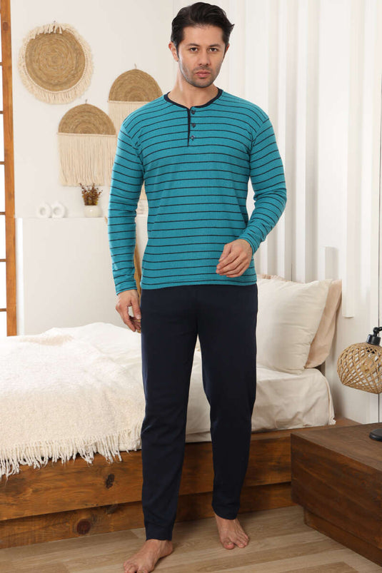 طقم بيجاما رجالي بخطوط أفقية وتفاصيل أزرار، لون بترولي
