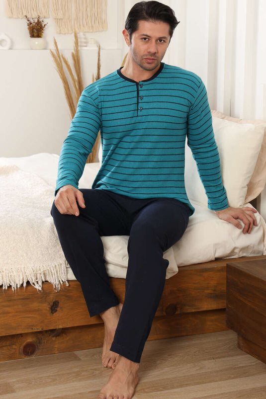 طقم بيجاما رجالي بخطوط أفقية وتفاصيل أزرار، لون بترولي