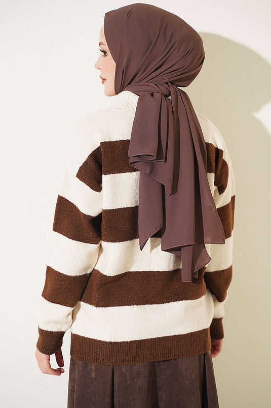 Maglione A Righe Con Bottoni Beige