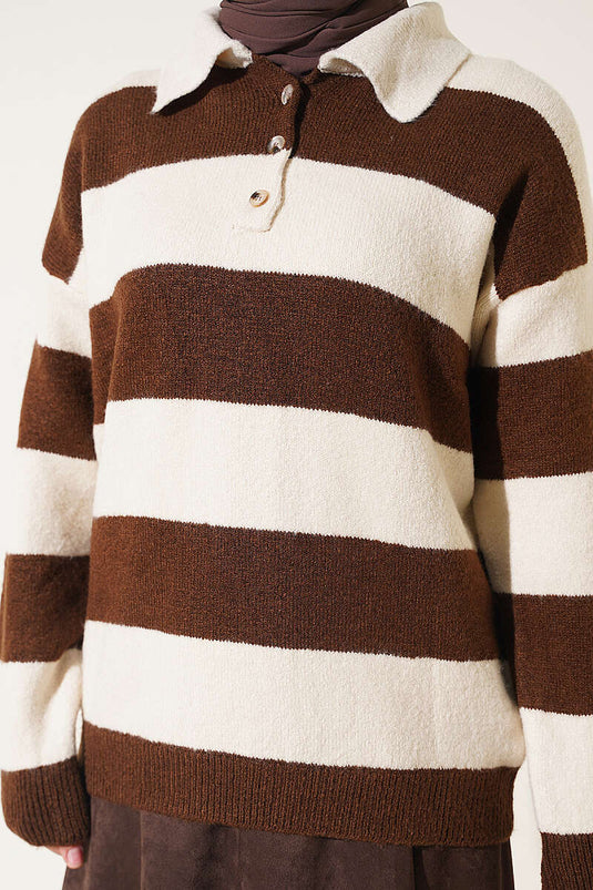 Maglione A Righe Con Bottoni Beige