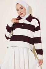Pull En Maille À Boutons Et Rayures Horizontales Prune