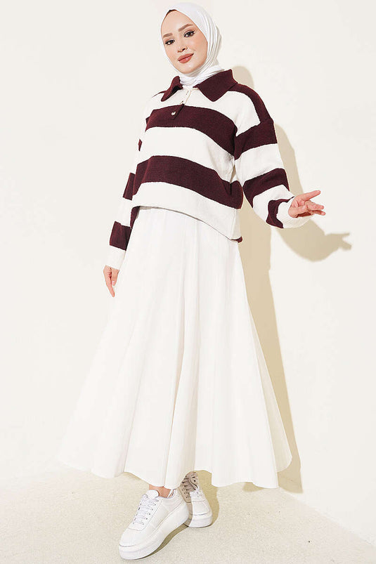 Maglione In Maglia Con Bottoni E Righe Orizzontali Prugna