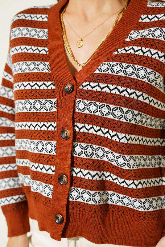 Yatay Çizgili Düğmeli Triko Hırka Kiremit