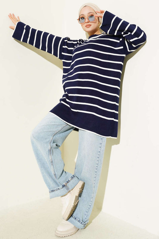Yatay Çizgili Düşük Omuz Triko Tunik Lacivert