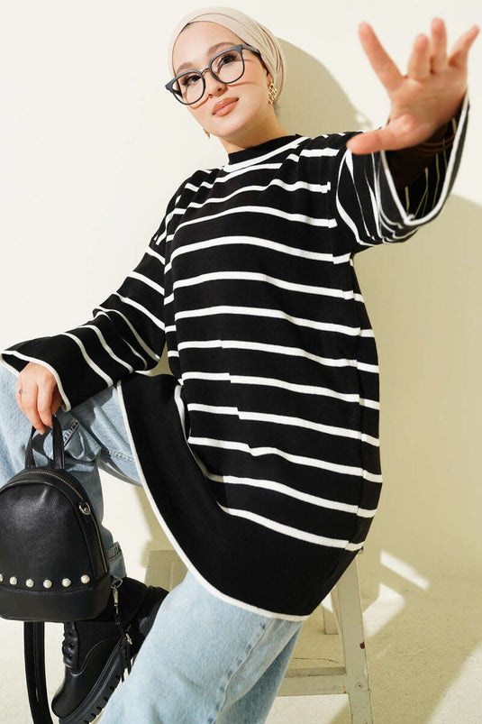 Yatay Çizgili Düşük Omuz Triko Tunik Siyah