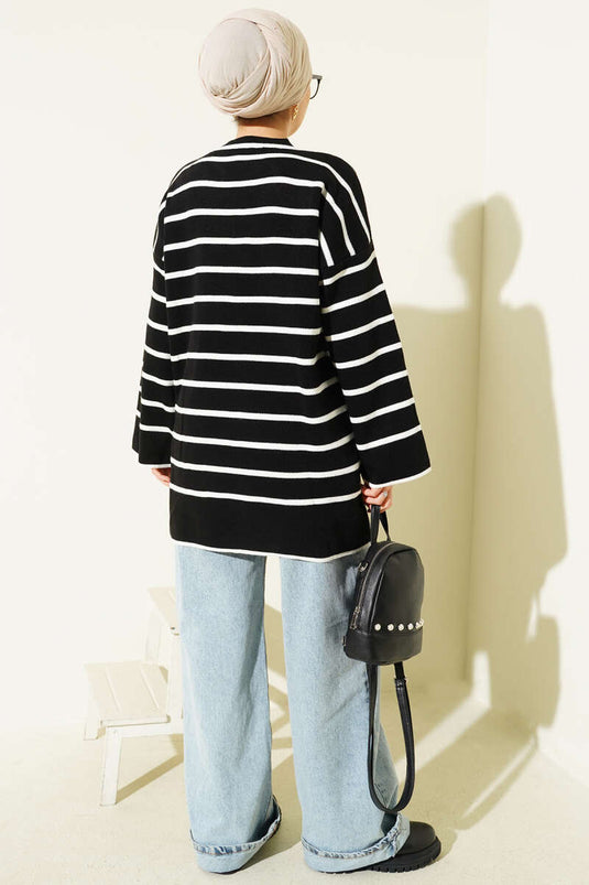 Yatay Çizgili Düşük Omuz Triko Tunik Siyah